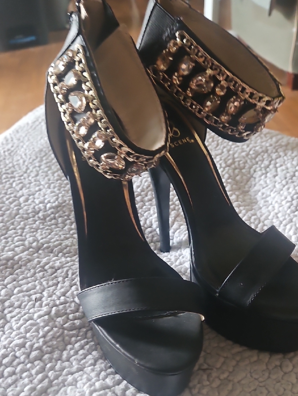 Scene "Chyanne" Black Embellished Ankle-Strap High Heel Sandals
